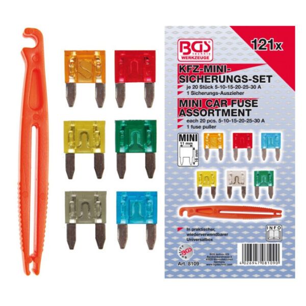 BGS Tools Σετ 121 Mini Ασφάλειες Αυτοκινήτου με Εξολκέα – 8109 | 5A έως 30A