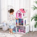 HOMCOM 350-108 Ξύλινο κουκλόσπιτο 3 ορόφων με σκάλες και αξεσουάρ κατασκευή MDF για παιδιά 3-6 ετών 60x29x85cm - Ροζ | Milo Toy Shop Nicosia | Skroutz Toy Shop Cyprus